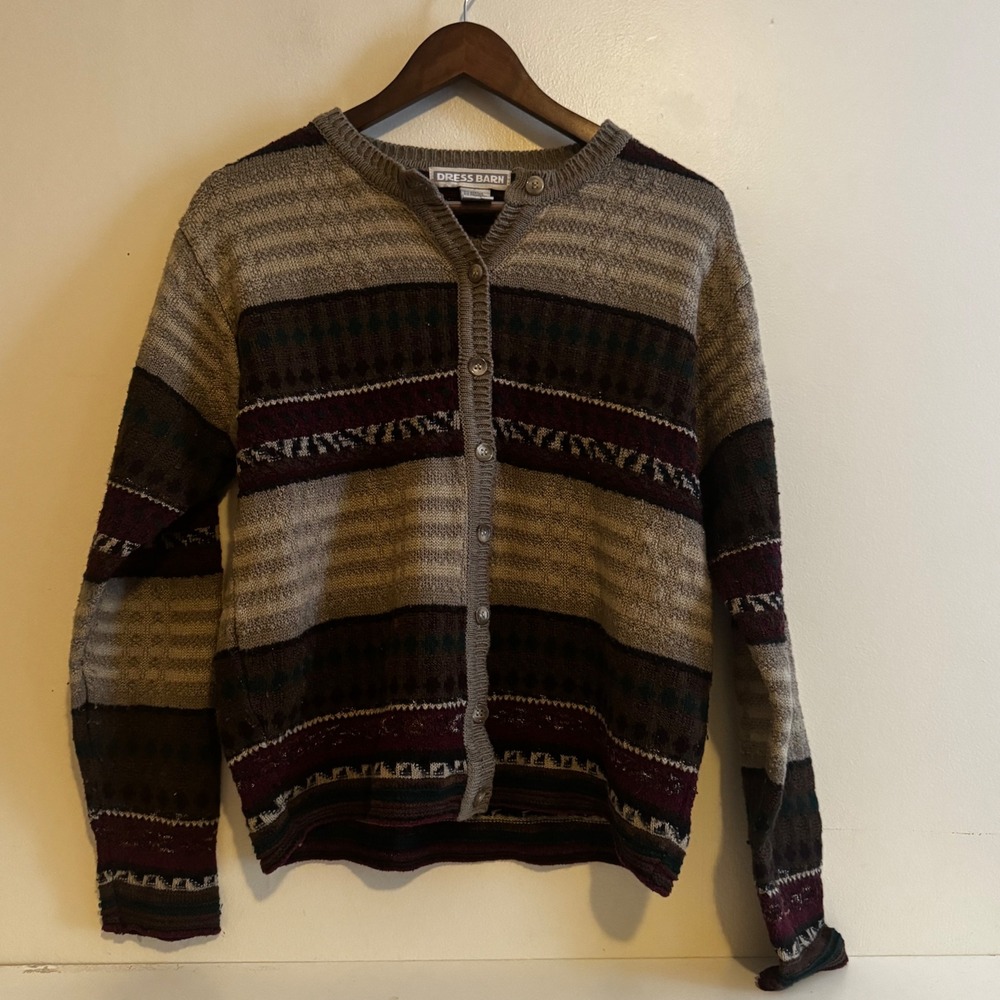 VTG Women's M Fair Isle Sweater Brown Burgundy Fisherman Fall Eclectic Grandpa